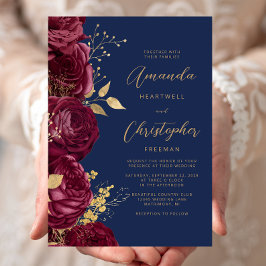 Burgundy Floral Gold Script Navy Blue Wedding Inbjudningar