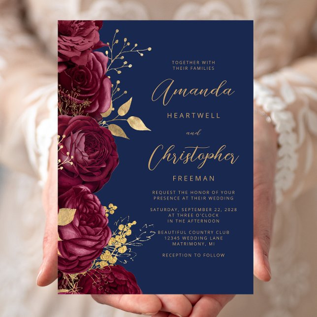 Burgundy Floral Gold Script Navy Blue Wedding Inbjudningar (Skapare uppladdad)