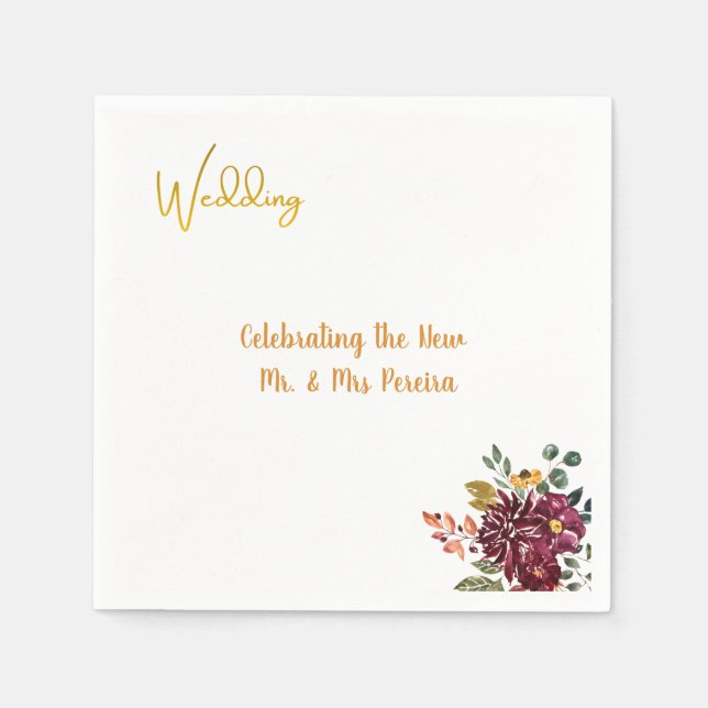 Burgundy Floral & Gold Script Wedding Pappersservett (Framsidan)