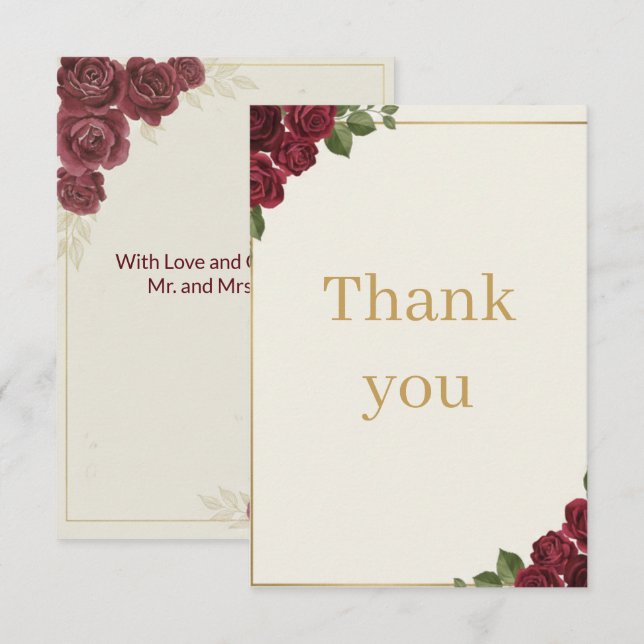 Burgundy Floral Gold Script Wedding Thank You Card Tack Kort (Fram/baksida)
