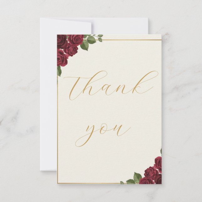 Burgundy Floral Gold Script Wedding Thank You Card Tack Kort (Framsida)