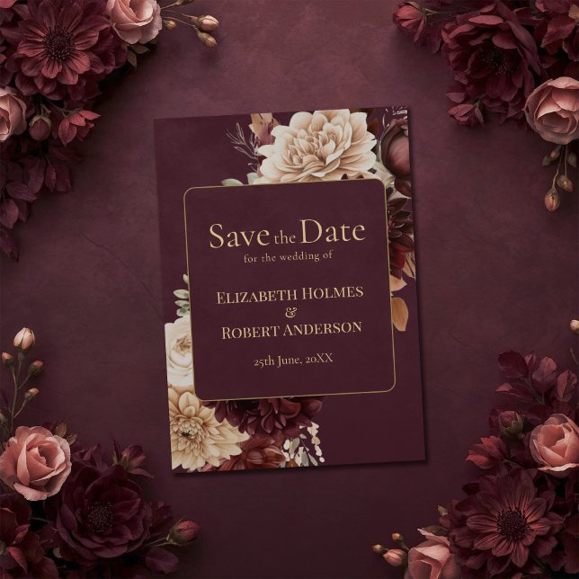Burgundy Floral Gothic Save the Date Card Inbjudningar (Burgundy Floral Gothic Save the Date Card on burgundy witchy wedding table with flowers)