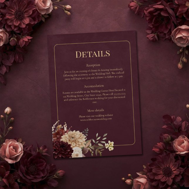 Burgundy Floral Gothic Wedding Details Card Inbjudningar (Burgundy Floral Gothic Wedding Details Card on a burgundy witchy wedding table with flowers)