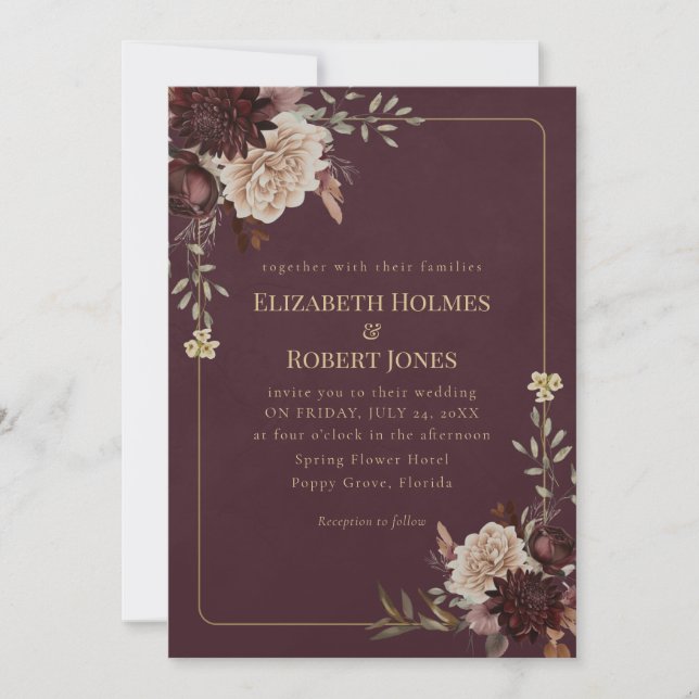 Burgundy Floral Gothic Wedding Invitation Inbjudningar (Framsida)