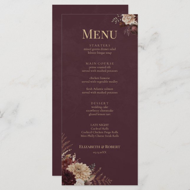 Burgundy Floral Gothic Wedding Menu Meny (Fram/baksida)