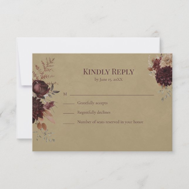 Burgundy Floral Gothic Wedding RSVP Card OSA Kort (Framsida)