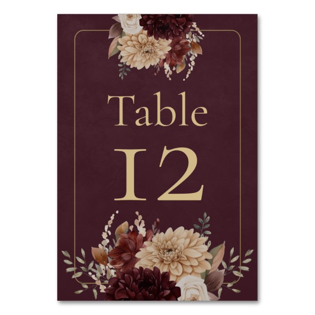 Burgundy Floral Gothic Wedding Table Number Bordsnummer (Framsidan)