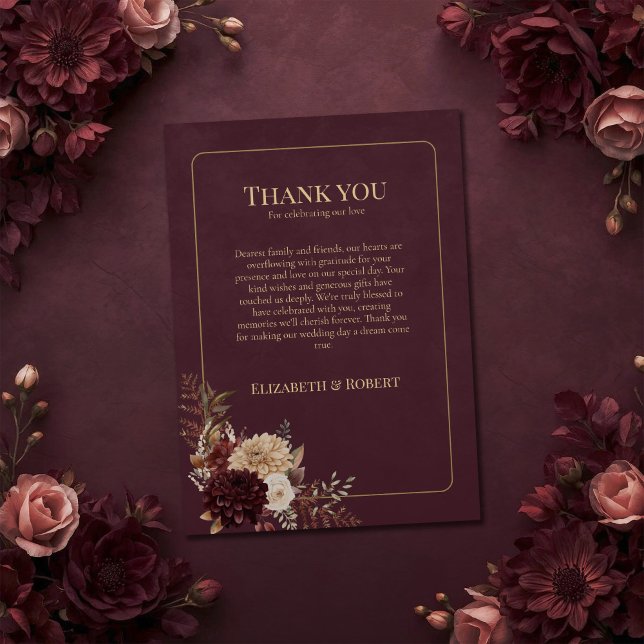 Burgundy Floral Gothic Wedding Thank You Card Tack Kort (Burgundy Floral Gothic Wedding Thank You Card on a burgundy witchy wedding table with flowers)