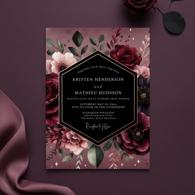 Burgundy Floral Luxe Wedding Inbjudningar (Skapare uppladdad)