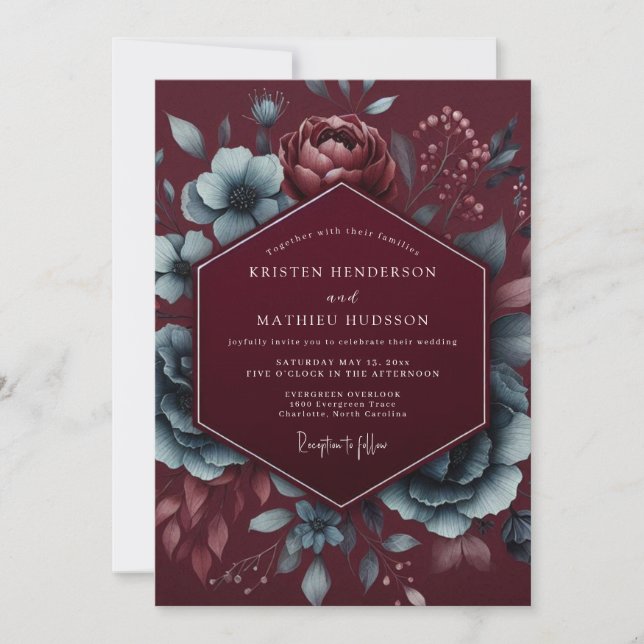 Burgundy Floral Mood Wedding Inbjudningar (Framsida)