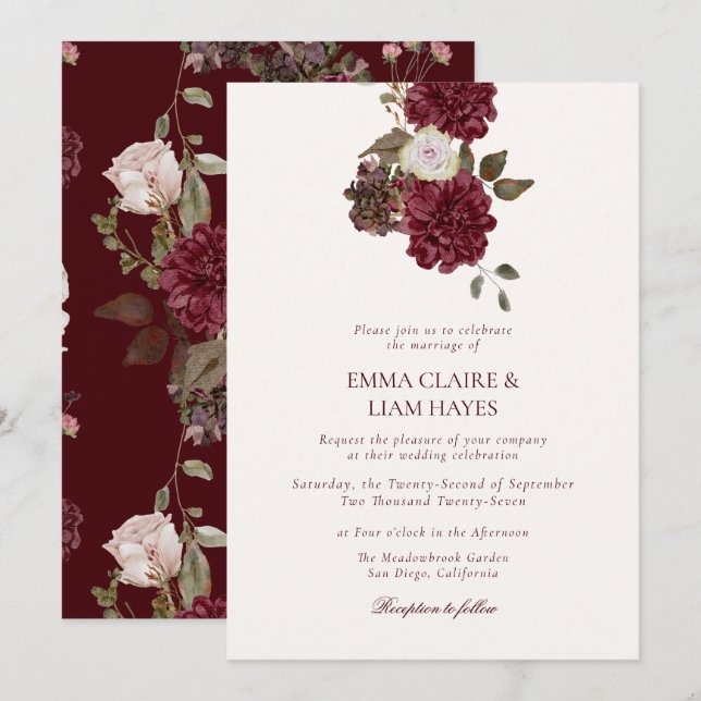 Burgundy Floral Old Money Wedding Invitation Inbjudningar (Fram/baksida)