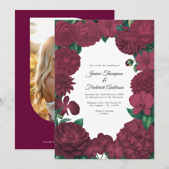 Burgundy Floral Photo and QR Code Wedding Inbjudningar (Fram/baksida)