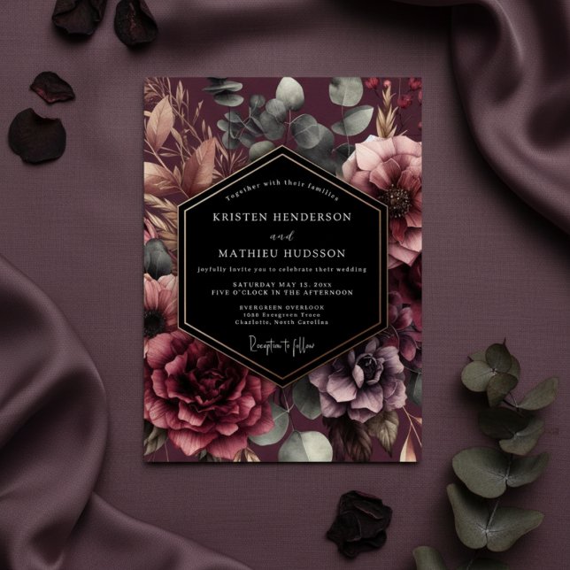 Burgundy Floral Romance Wedding Inbjudningar (Skapare uppladdad)