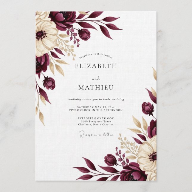 Burgundy Floral Romantic Wedding Inbjudningar (Framsida)