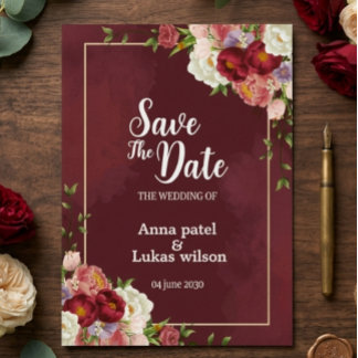 Burgundy Floral Save the Date Wedding Invitation Inbjudningar