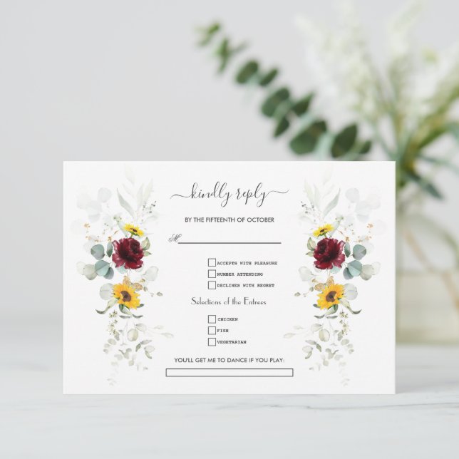Burgundy Floral Sunflowers Airy Leaves Wedding    OSA Kort (Stående Fram)
