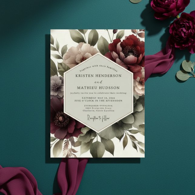 Burgundy Floral Twilight Wedding Inbjudningar (Skapare uppladdad)