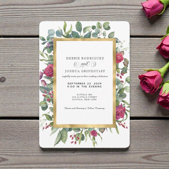 Burgundy Floral w/Gold Frame Wedding Invitation  Inbjudningar (Skapare uppladdad)