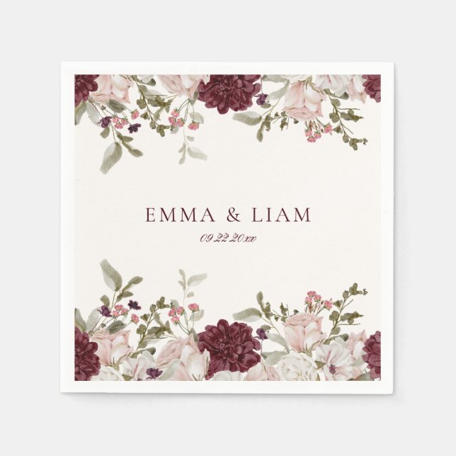 Burgundy Floral Wedding Cocktail Napkins Pappersservett (Framsidan)