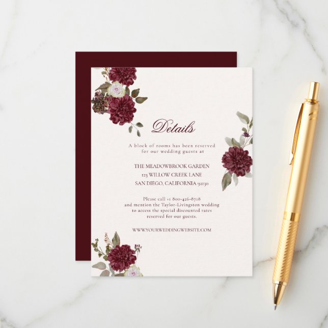 Burgundy Floral Wedding Details Card Tilläggskort (Fram/Back In Situ)