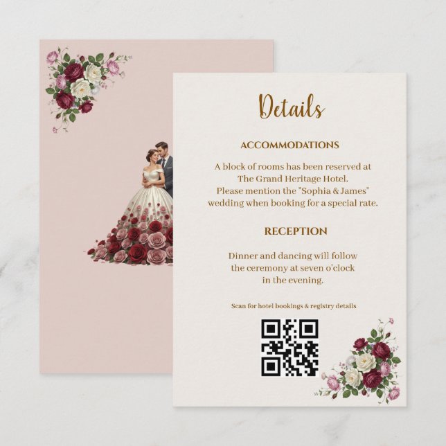  Burgundy Floral Wedding Details Enclosure Card Tilläggskort (Fram/baksida)