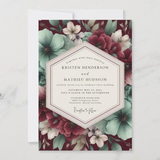 Burgundy Floral Wedding Inbjudningar (Framsida)