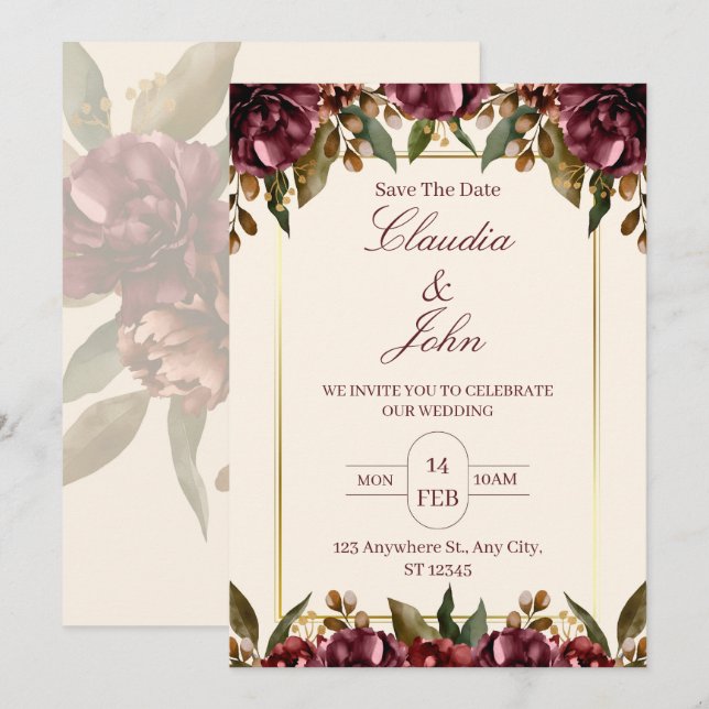 Burgundy Floral Wedding Invitation Inbjudningar (Fram/baksida)