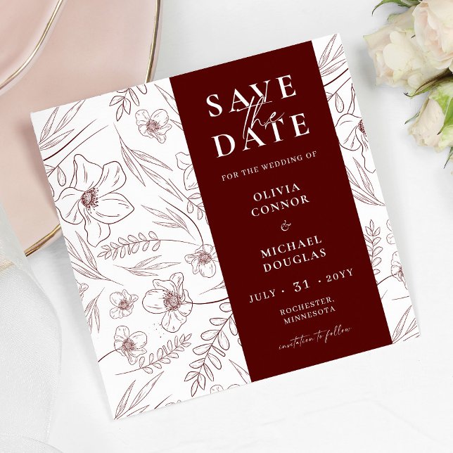 Burgundy Floral Wedding QR Code Save The Date Spara Datumet (Skapare uppladdad)