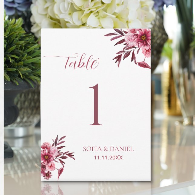 Burgundy Floral Wedding Table Number Card Elegant  (Skapare uppladdad)