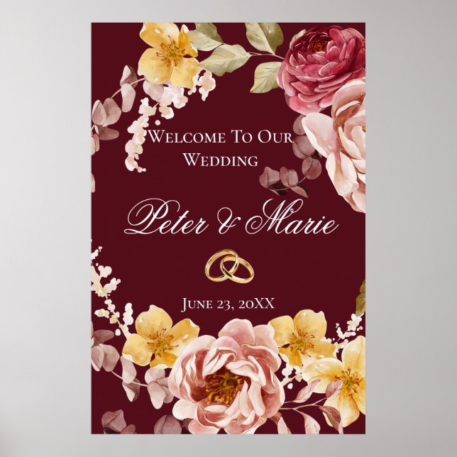 Burgundy Floral Welcome Wedding Poster 1 of 3 (Framsidan)