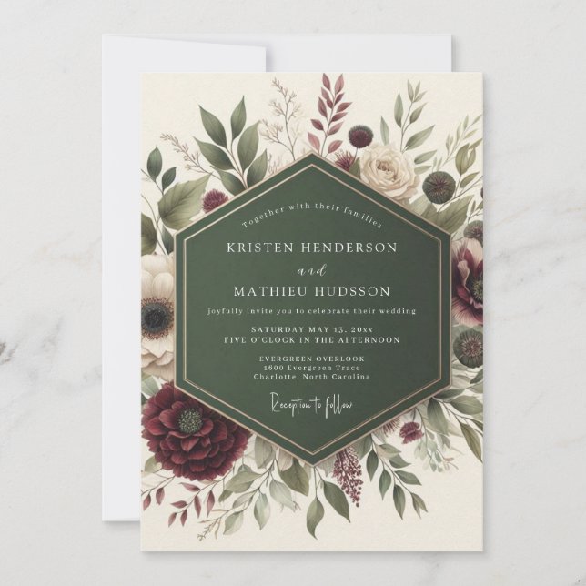 Burgundy Floral Whimsy Wedding Inbjudningar (Framsida)