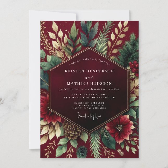 Burgundy Floral Winter Wedding Inbjudningar (Framsida)