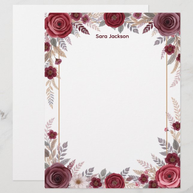 Burgundy Floral with Gray Accents Stationery Paper Brevhuvud (Fram/baksida)
