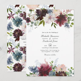 Burgundy, flottan och  Blommigt QR-koden Bröllop Inbjudningar