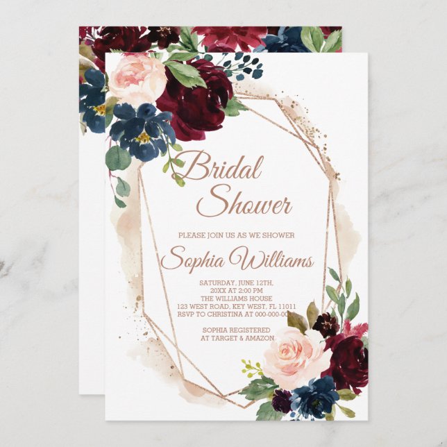 Burgundy, flottan och Guld Inbjudningskort för möh (Fram/baksida)