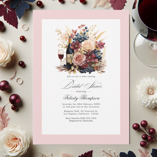 Burgundy, flottan och Möhippan Vin i  Blommigten Inbjudningar (Burgundy, Navy and Blush Floral Wine Bridal Shower Invitation)
