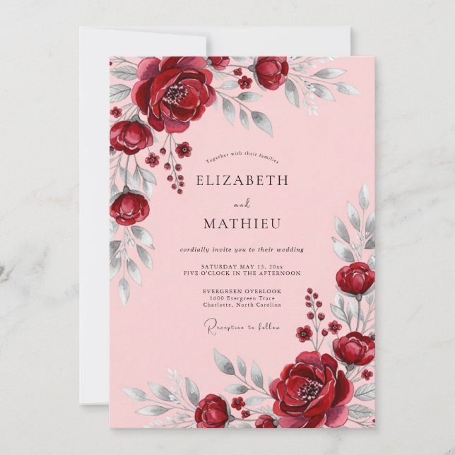 Burgundy Flourishing Romantic Wedding Inbjudningar (Framsida)