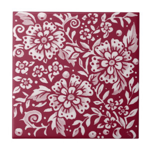 Burgundy Flower Blommigt Löv Woodland Mönster Kakelplatta