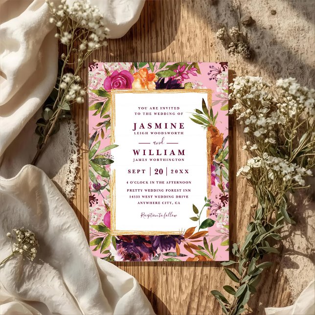 Burgundy Flower Boho Rustic QR Code Wedding Inbjudningar (Skapare uppladdad)