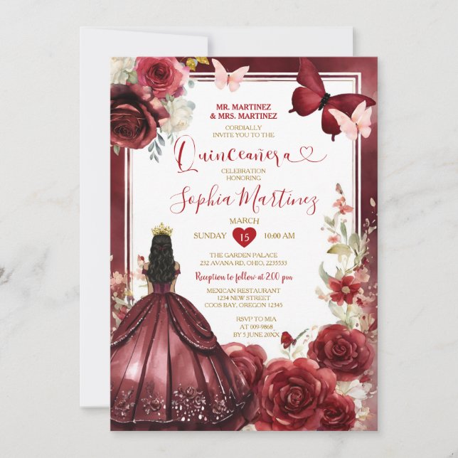 Burgundy Flower Red Princess Butterfly Quinceañera Inbjudningar (Framsida)
