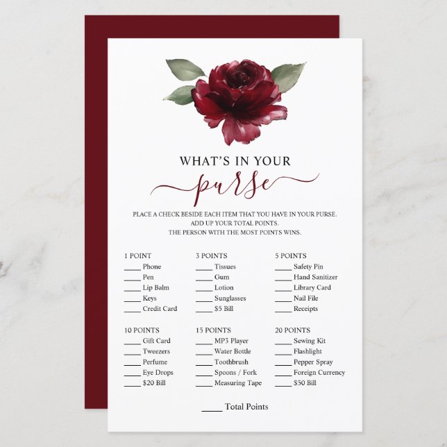 Burgundy Flower What's in your Purse Game Shower (Fram/baksida)