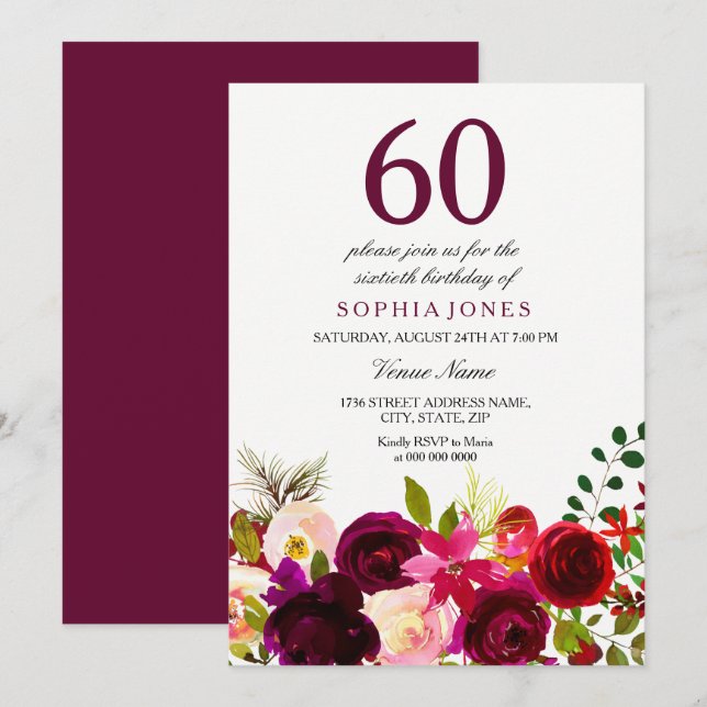 Burgundy Flowers 60:e Födelsedagsfest inbjudan (Fram/baksida)