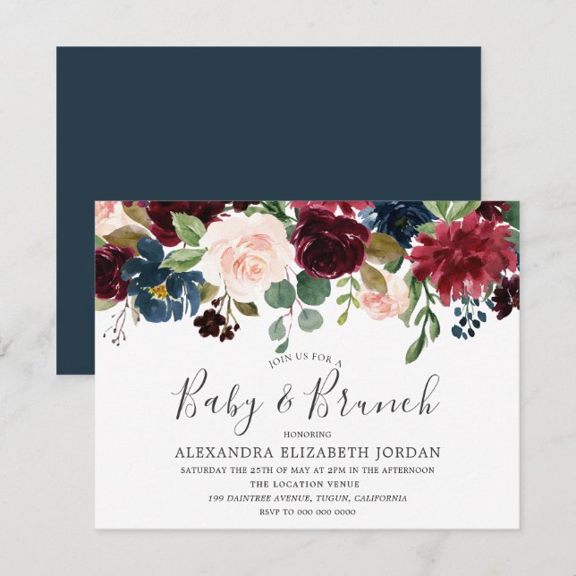 Burgundy Flowers Baby & Brunch Baby Shower inbjuda Inbjudningar (Fram/baksida)
