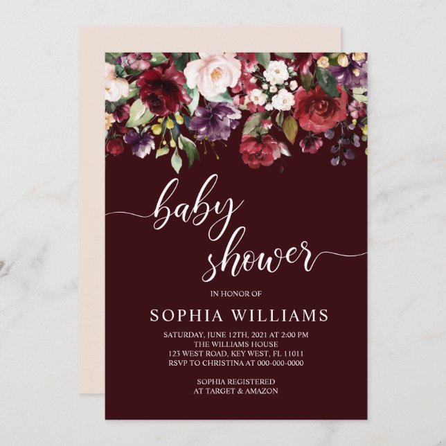 Burgundy Flowers Baby Shower Inbjudningar (Fram/baksida)