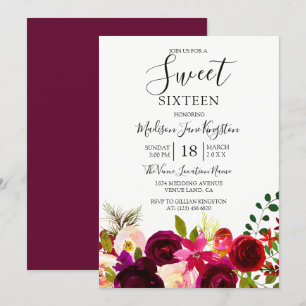 Burgundy Flowers Blommigt Boho Sweet 16 Inbjudningar