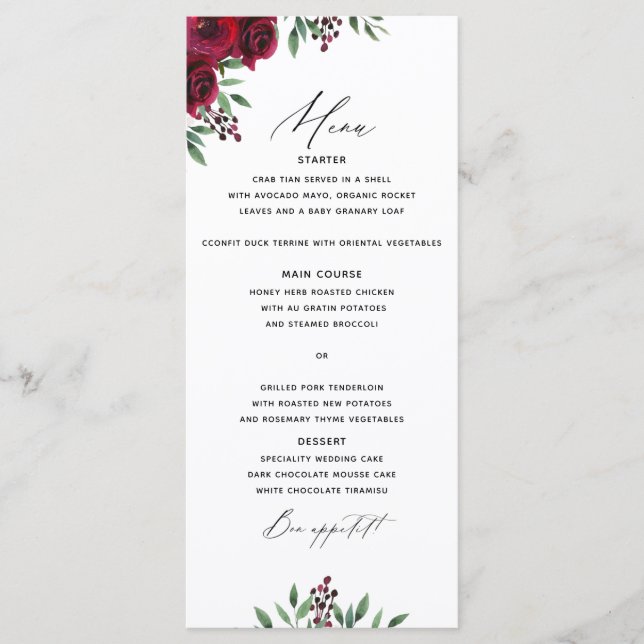 Burgundy Flowers Bröllop Menu Meny (Framsida)