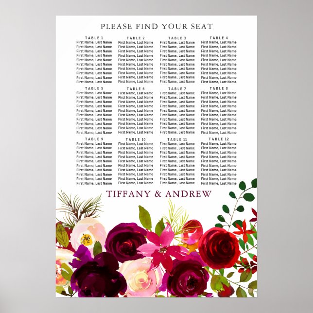 Burgundy Flowers Bröllop Seating Chart 12 Bord Poster (Framsidan)