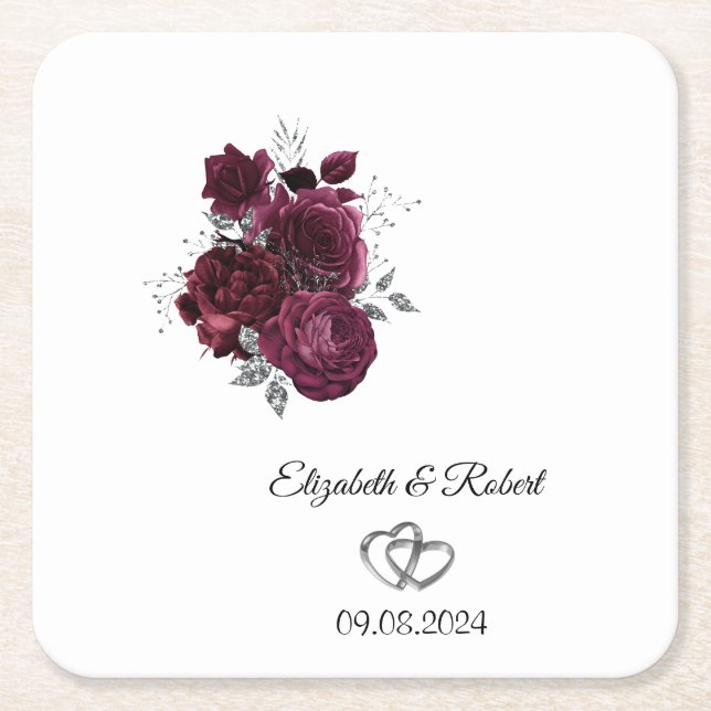 Burgundy Flowers Bröllop Underlägg Papper Kvadrat (Framsidan)