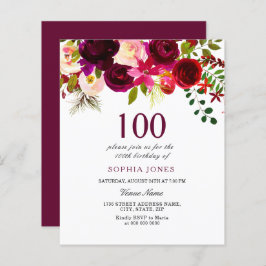Burgundy Flowers budget 100:e födelsedagsinbjudan