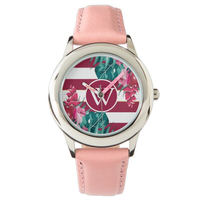 Burgundy Flowers design Monogram stripe Armbandsur (Framsida)